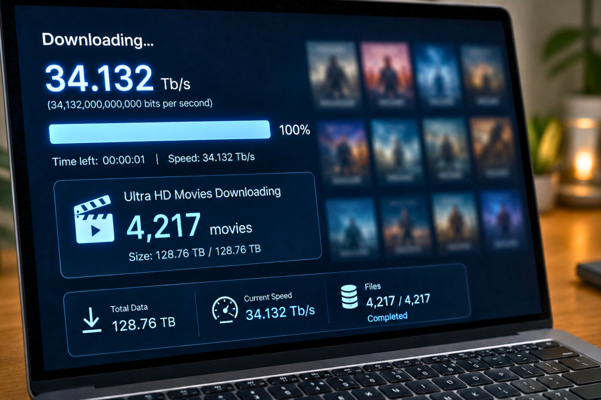A concept illustration of ultra-high-speed optical data transmission. The proof-of-concept silicon photonic transmitter achieved 34.132 Tbit/s through a single optical fiber—equivalent to transferring thousands of high-definition movies in just one second.