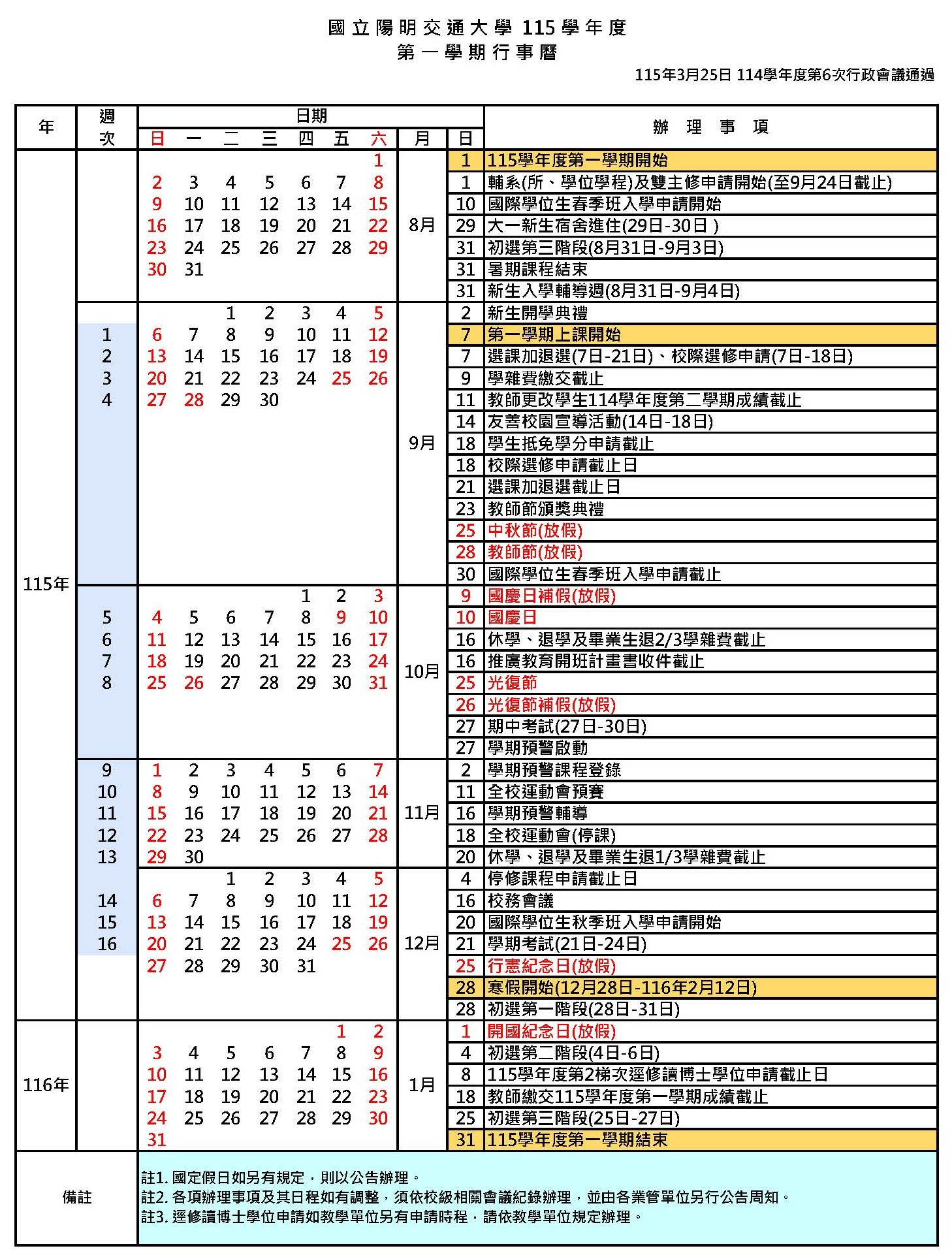 115-1國立陽明交通大學行事曆