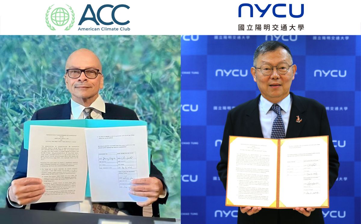 President Chi-Hung Lin of National Yang Ming Chiao Tung University (right) and Chairman Gary Clyne of the U.S. Climate Club (left) signing a memorandum of cooperation to jointly establish the Taiwan U.S. Climate Club.