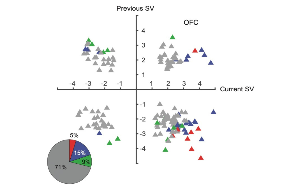 Among the 166 different electrode points within the orbitofrontal cortex, approximately 15% exhibited responses to current preferences, 9% responded to contextual preferences, and 5% simultaneously responded to both.