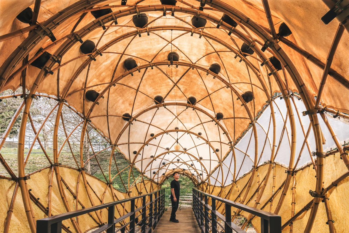 By day, sunlight casts dancing shadows within. Crossing the bridge feels like embarking on a journey emerging from a cocoon. (Photo Credit: Forest-Wood Archi-Tect.)