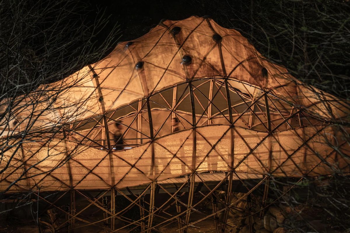 The biomimetic design extends to its imaginative integration of nighttime lighting. The lights are programmed to mimic fireflies' gentle glow and fade, creating a slow, rhythmic pulsation. Inside, a pair of filament globe lights sway softly in the breeze, casting a delicate glow that evokes the imagery of a living heartbeat. (Photo Credit: Forest-Wood Archi-Tect.)