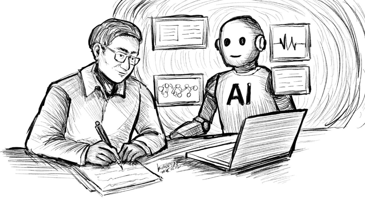 A professor engaging with AI to collaboratively envision and create future research directions.