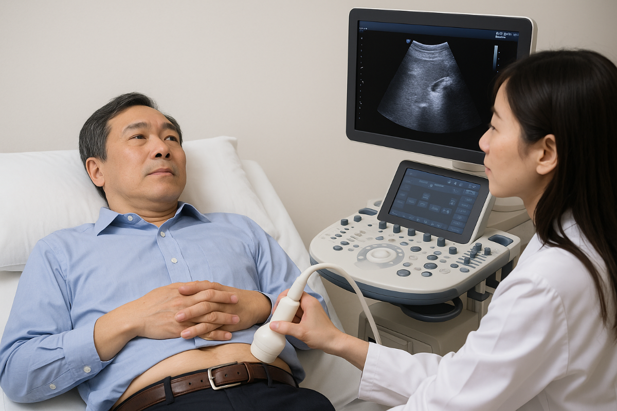 Abdominal ultrasound simulation (not a real patient).