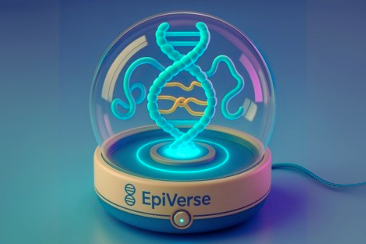 AI-generated illustration of the “yarn-ball universe” of chromatin. EpiVerse blends “Epi” (epigenome) and “Verse” (metaverse) to represent an AI-created virtual epigenomic space.
