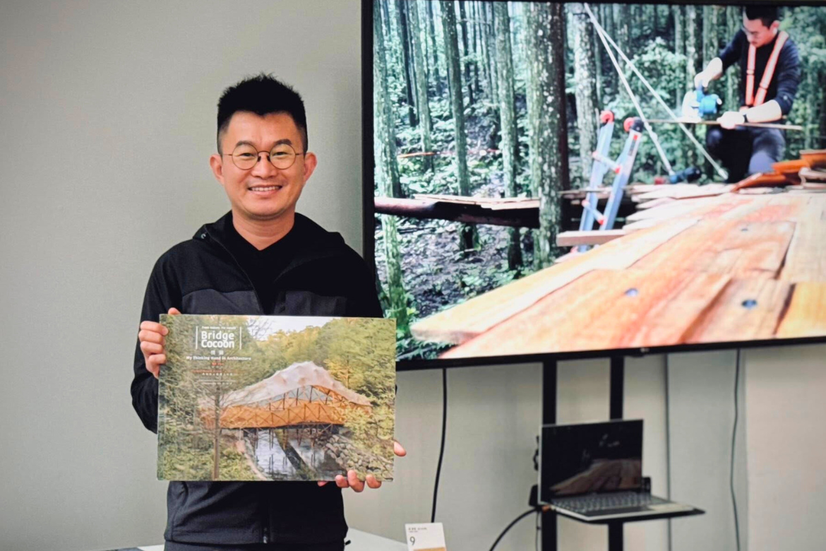 NYCU Prof. NK Kuo presents his award-winning bamboo installation Bridge Cocoon at the ADA exhibition in Tokyo. (Photo credit: NK Kuo)