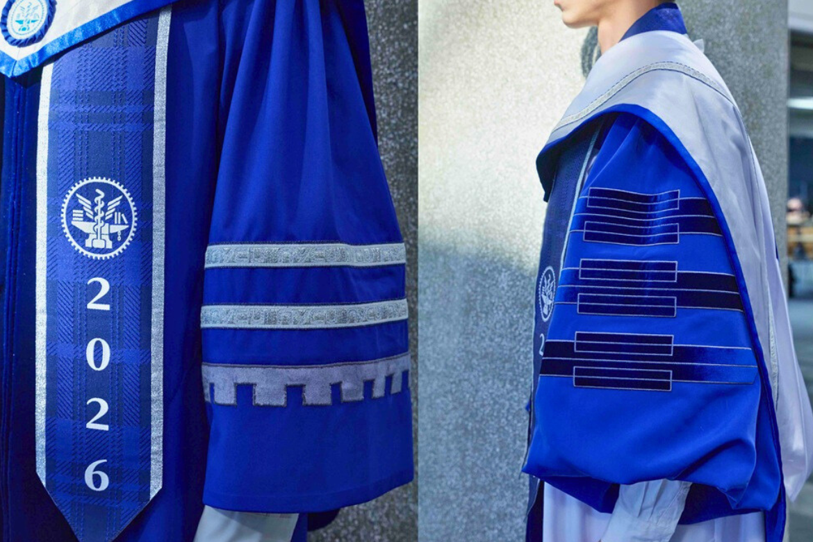 The gear motif from the NYCU emblem is extended into the design as subtle accents along the stole and sleeve edges.