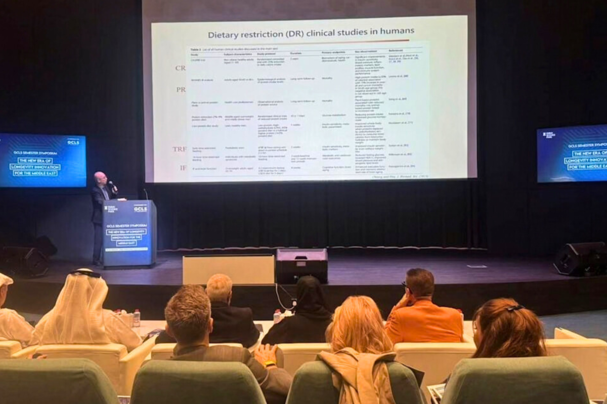 Professor Ao-Lin Hsu of NYCU delivers his keynote address at the 2026 GCLS Semester Symposium in Dubai.