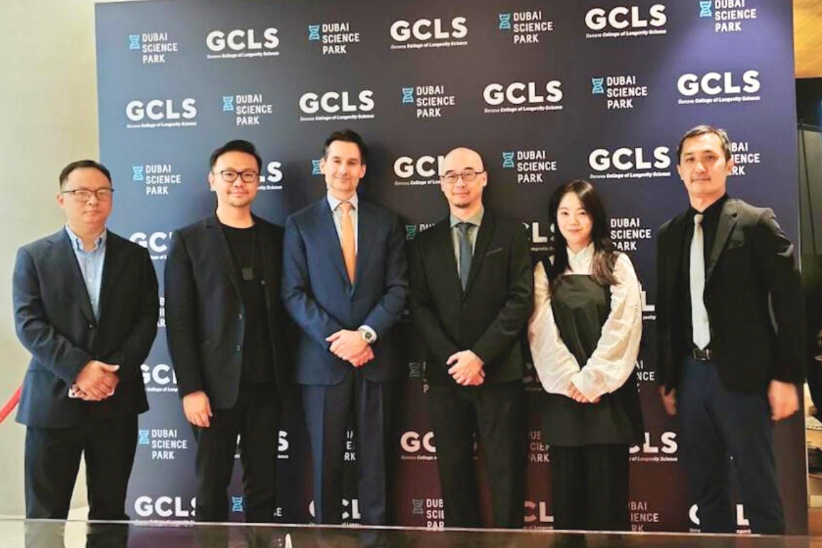 NYCU Professor Ao-Lin Hsu (third from right) stands with global delegates at the 2026 GCLS Semester Symposium in Dubai, underscoring Taiwan’s presence in the international longevity research community.