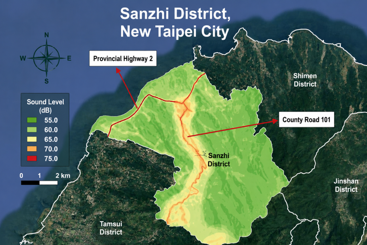 Noise monitoring map of Sanzhi District, New Taipei City.
