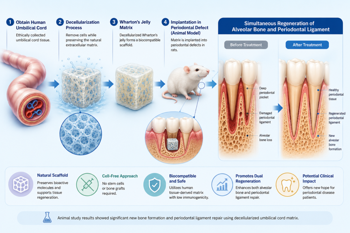 Researchers from NYCU and TVGH developed a regenerative therapy based on decellularized human umbilical cord tissue. In an animal model of periodontal disease, the biomaterial promoted simultaneous regeneration of alveolar bone and periodontal ligament without the use of stem cells or conventional bone grafts, demonstrating its potential as a next-generation treatment for periodontal tissue repair.