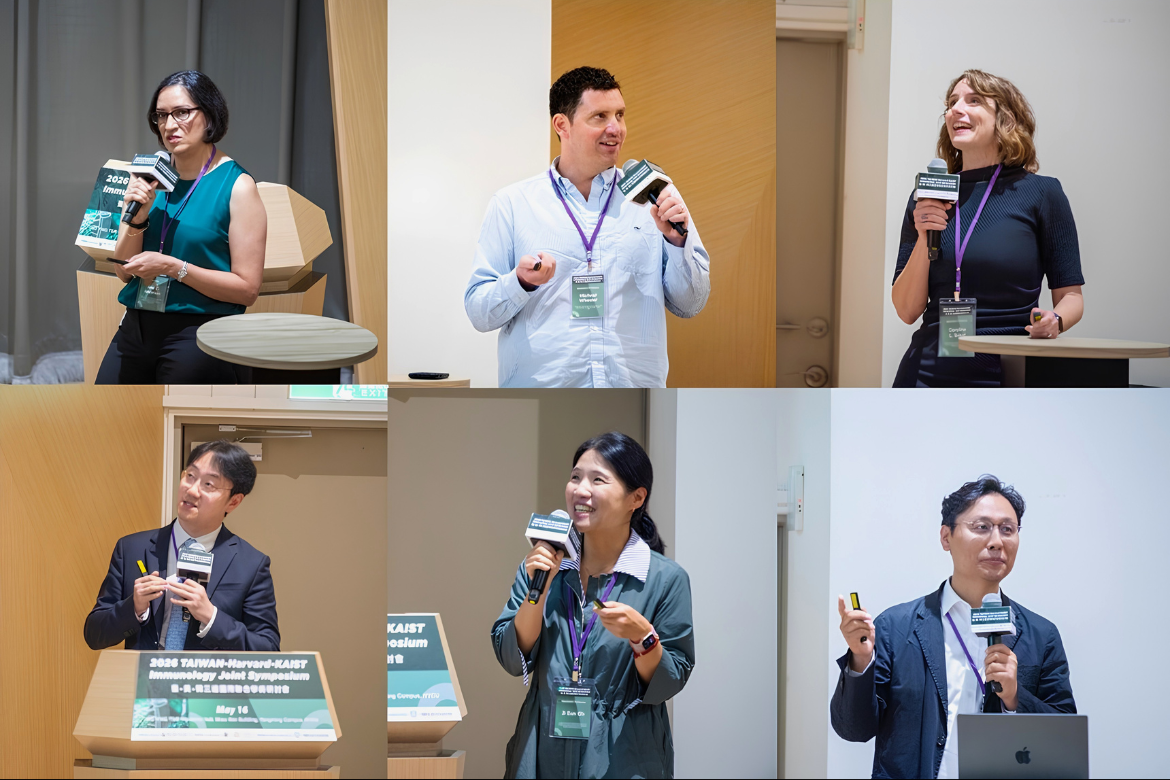 International speakers participating in the 2nd Taiwan–Harvard–KAIST Immunology Joint Symposium on May 16, 2026. Top row (left to right): Ana C. Anderson, Michael Wheeler, and Caroline Sokol. Bottom row (left to right): Jeong Seok Lee, Ji Eun Oh, and Je-Min Choi.