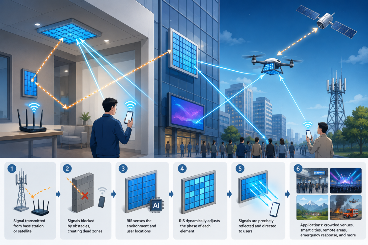 Illustration of NYCU’s patented Reconfigurable Intelligent Surface (RIS) technology, which intelligently redirects wireless and satellite signals around obstacles to improve coverage, reduce interference, and deliver more stable connectivity in crowded urban environments, remote regions, and emergency response scenarios.