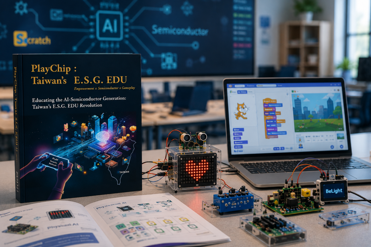 Conceptual illustration of the BeLight AI Semiconductor initiative, which combines Scratch programming, sensor technologies, Physical AI, and game-based learning to make AI and semiconductor education more accessible to younger generations. The newly published English edition seeks to expand Taiwan’s educational model through international collaboration and educator training. (AI-generated image)