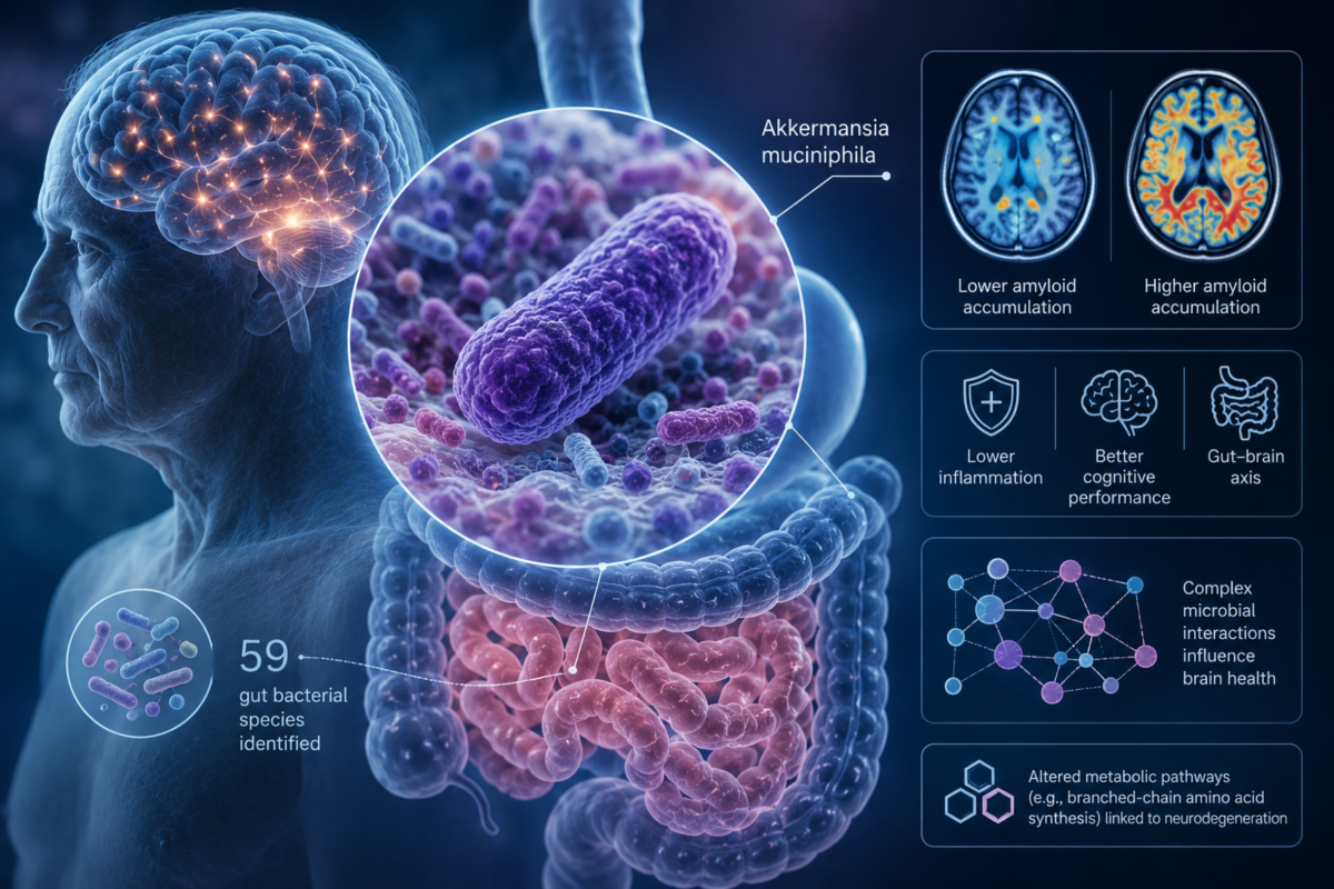 A conceptual illustration depicts the gut-brain axis and highlights the association between Akkermansia muciniphila, gut microbial communities, and Alzheimer’s disease biomarkers. The study suggests that gut microbiome composition may be linked to amyloid-beta accumulation and brain health.
