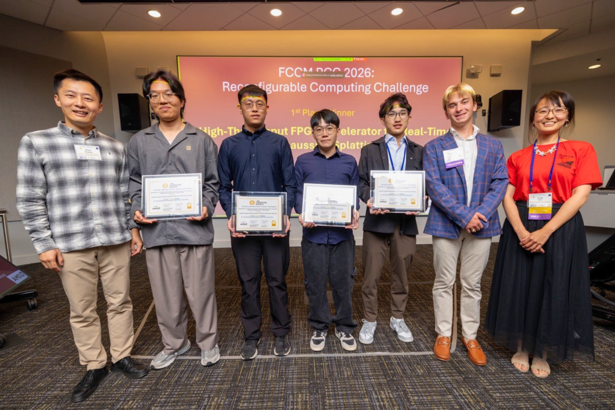 From left, the second through fifth are Yi-Chen Hu, Wei-Chien Cheng, Chia-Yu Kuo, and Kuan-Wei Lai, who led NYCU to first place at the 2026 IEEE Reconfigurable Computing Challenge.