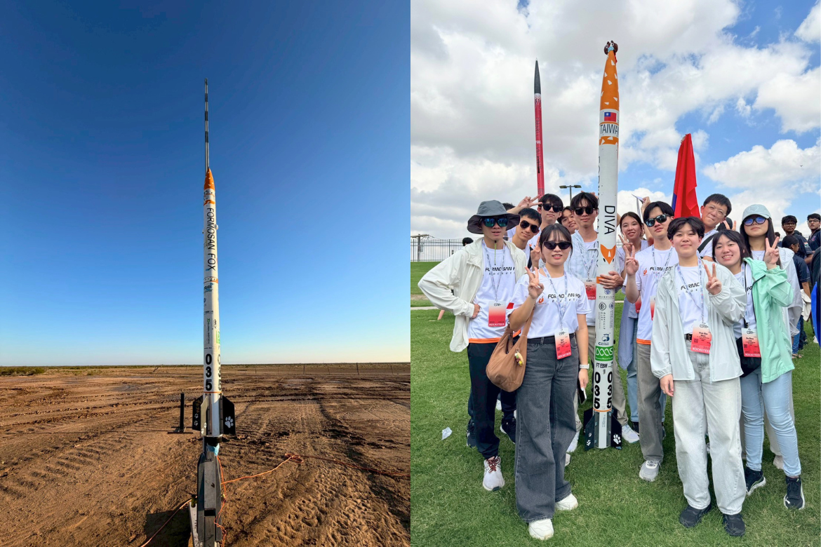Left: DIVA undergoes final pre-launch preparations, including system power-up and igniter installation. Right: Members of the NYCU Formosan Fox team pose with the DIVA rocket before launch at the 2026 IREC.