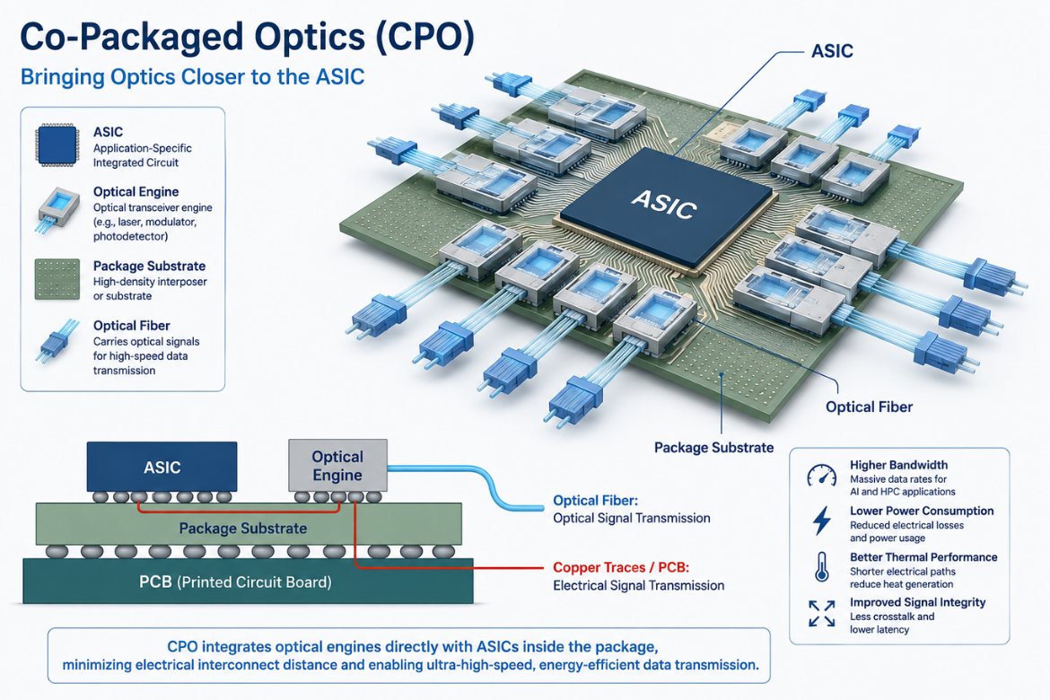 A schematic illustration of co-packaged optics (CPO), where optical engines are integrated closer to AI processors to shorten electrical interconnect distances, improving bandwidth, energy efficiency and signal integrity.