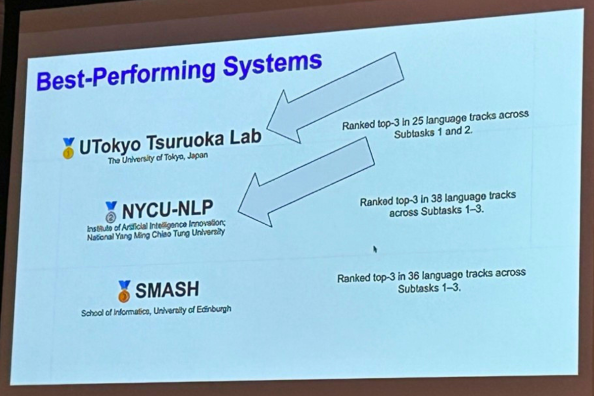 A presentation slide lists NYCU-NLP as the competition’s second-best-performing system, behind the University of Tokyo’s Tsuruoka Laboratory.