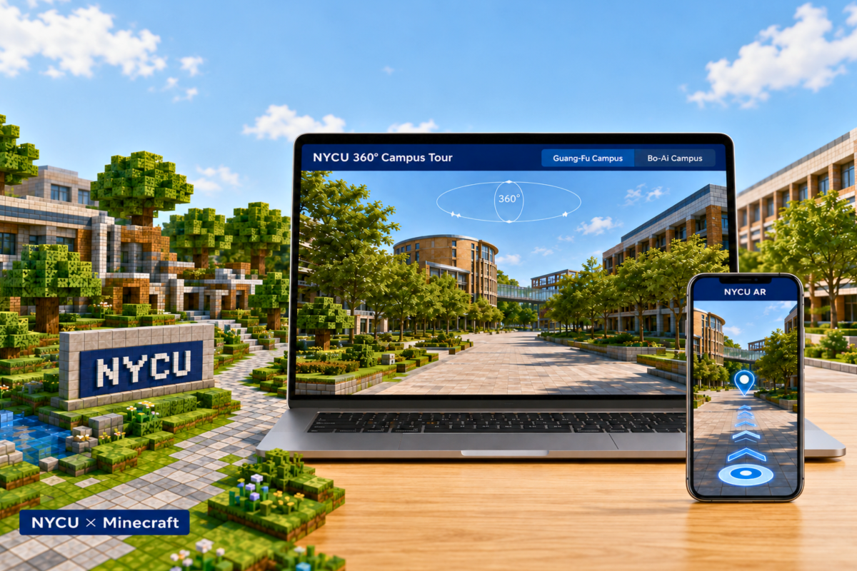 NYCU brings campus exploration online through Minecraft and 360-degree virtual tours, with AR navigation extending the experience for in-person visitors.